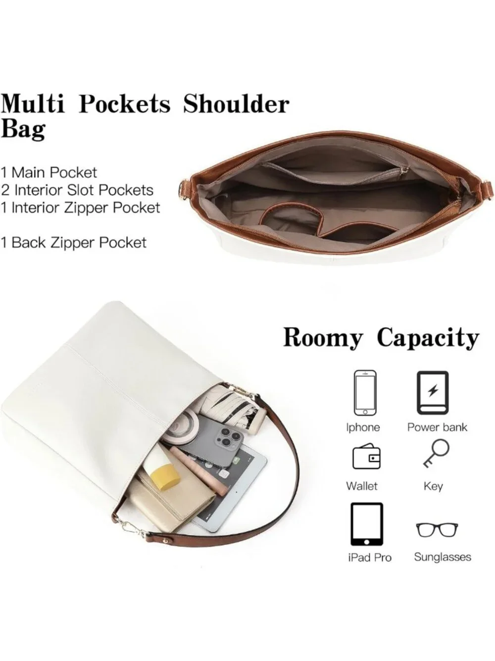 Soft Leather Hobo Bag for Women, Large Casual Tote, Multi Pocket Crossbody Purse